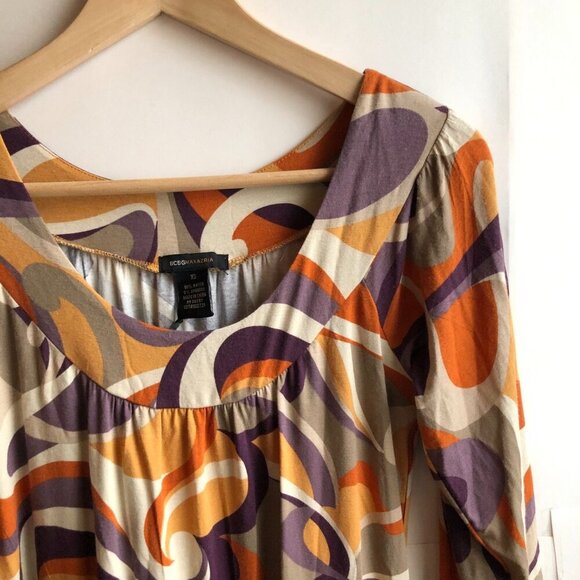 NEW BCBGMAXAZRIA Drop Waist Dress Mustard Orange Printed Swirl 60s 70s Mod Retro - Picture 4 of 9
